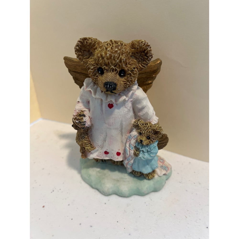 Vintage Resin Angel Mother Bear with Baby Figurine Gold Wings Heart Nightgown
